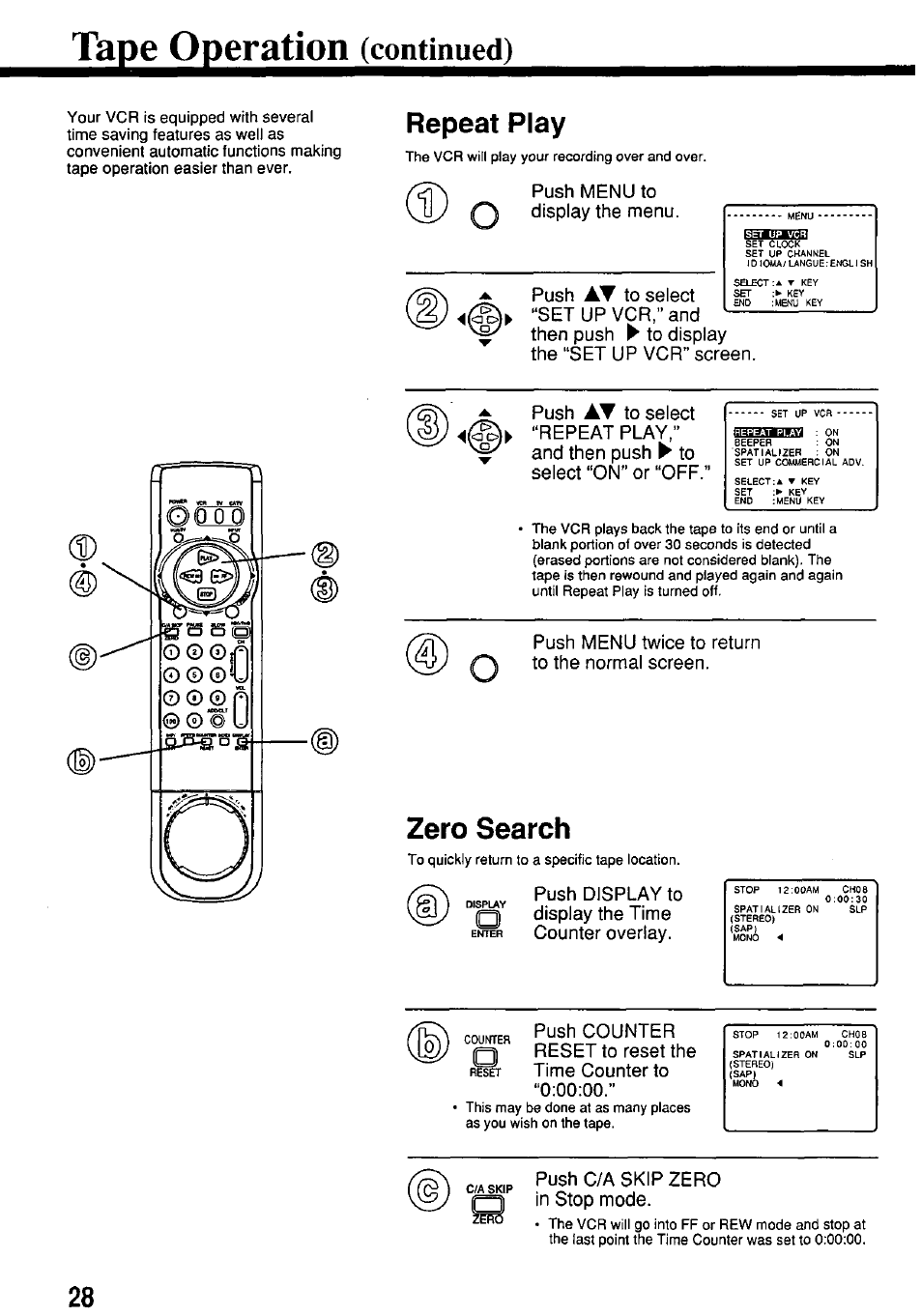 Tape operation (continued), Repeat play, Zero search | Continued), Tape operation | Panasonic PV-7664 User Manual | Page 28 / 44