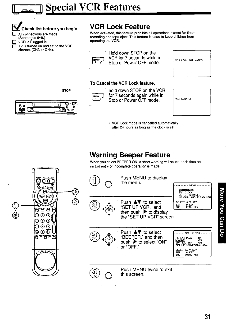 Г^_|| sgecialvcr^featui, Check list before you begin, Vcr lock feature | To cancel the vcr lock feature, Warning beeper feature | Panasonic PV-7664 User Manual | Page 31 / 44