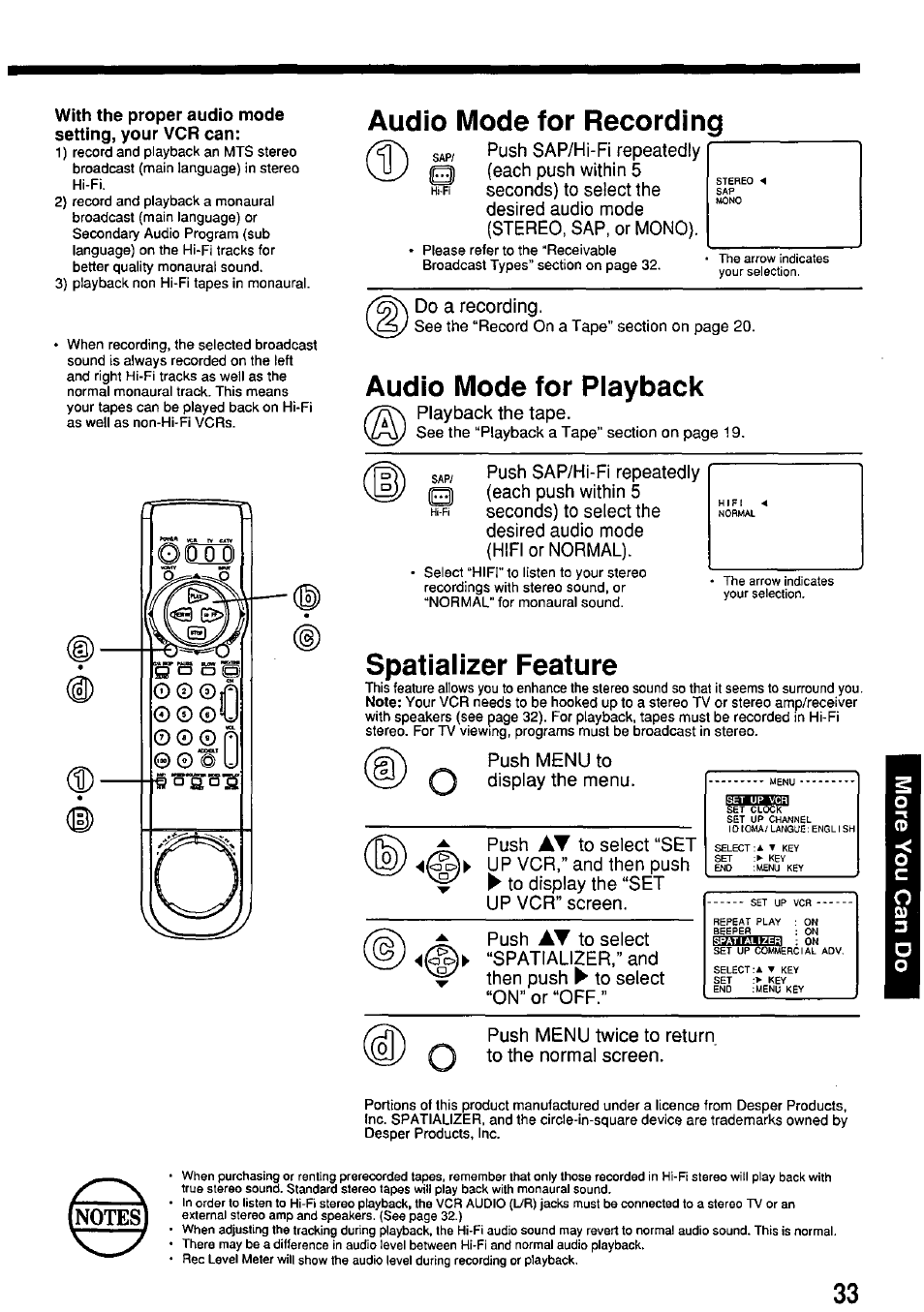 With the proper audio mode setting, your vcr can, Audio mode for recording, Audio mode for piayback | Spatializer feature, Biinabba, F) g, O0) 3 | Panasonic PV-7664 User Manual | Page 33 / 44