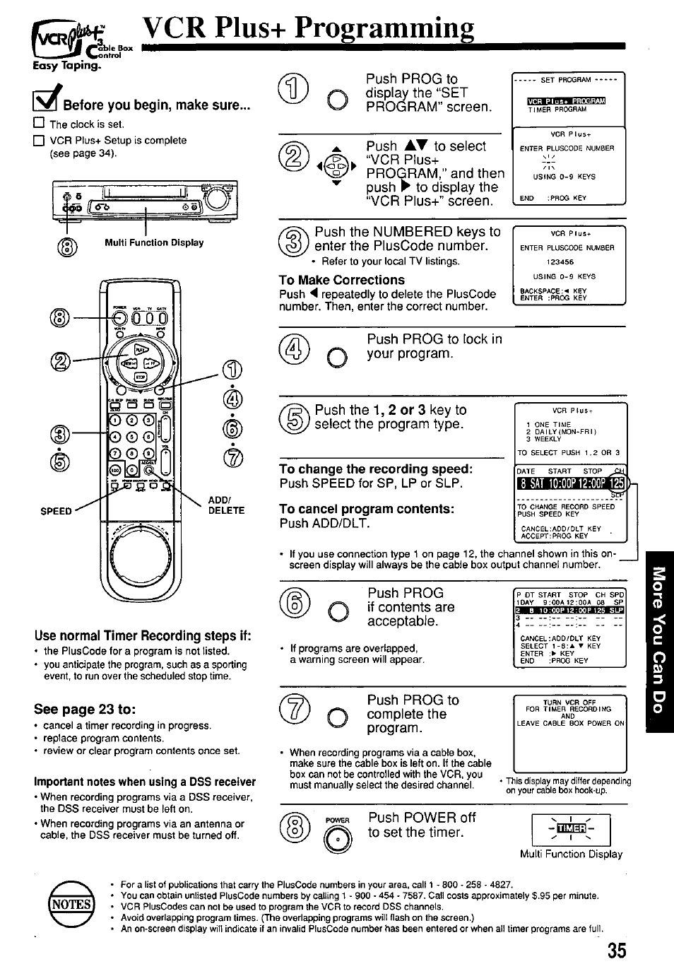 Vcr plus+ programming, Before you begin, make sure, Use normal timer recording steps if | Important notes when using a dss receiver, Easy taping | Panasonic PV-7664 User Manual | Page 35 / 44