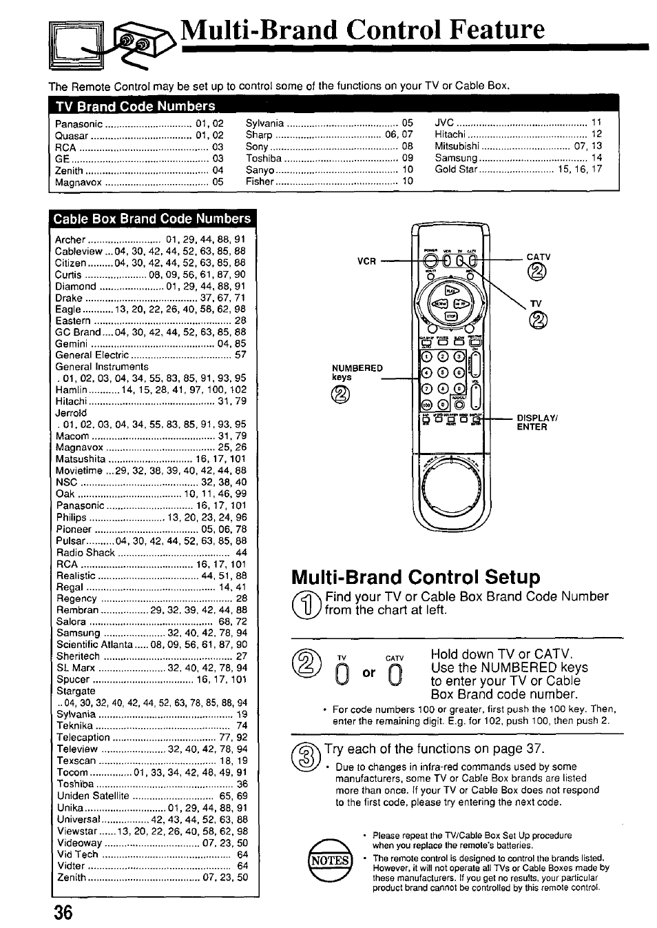 Multi-brand control feature, Tv brand code numbers, Multi-brand control setup | Hold down tv or catv | Panasonic PV-7664 User Manual | Page 36 / 44