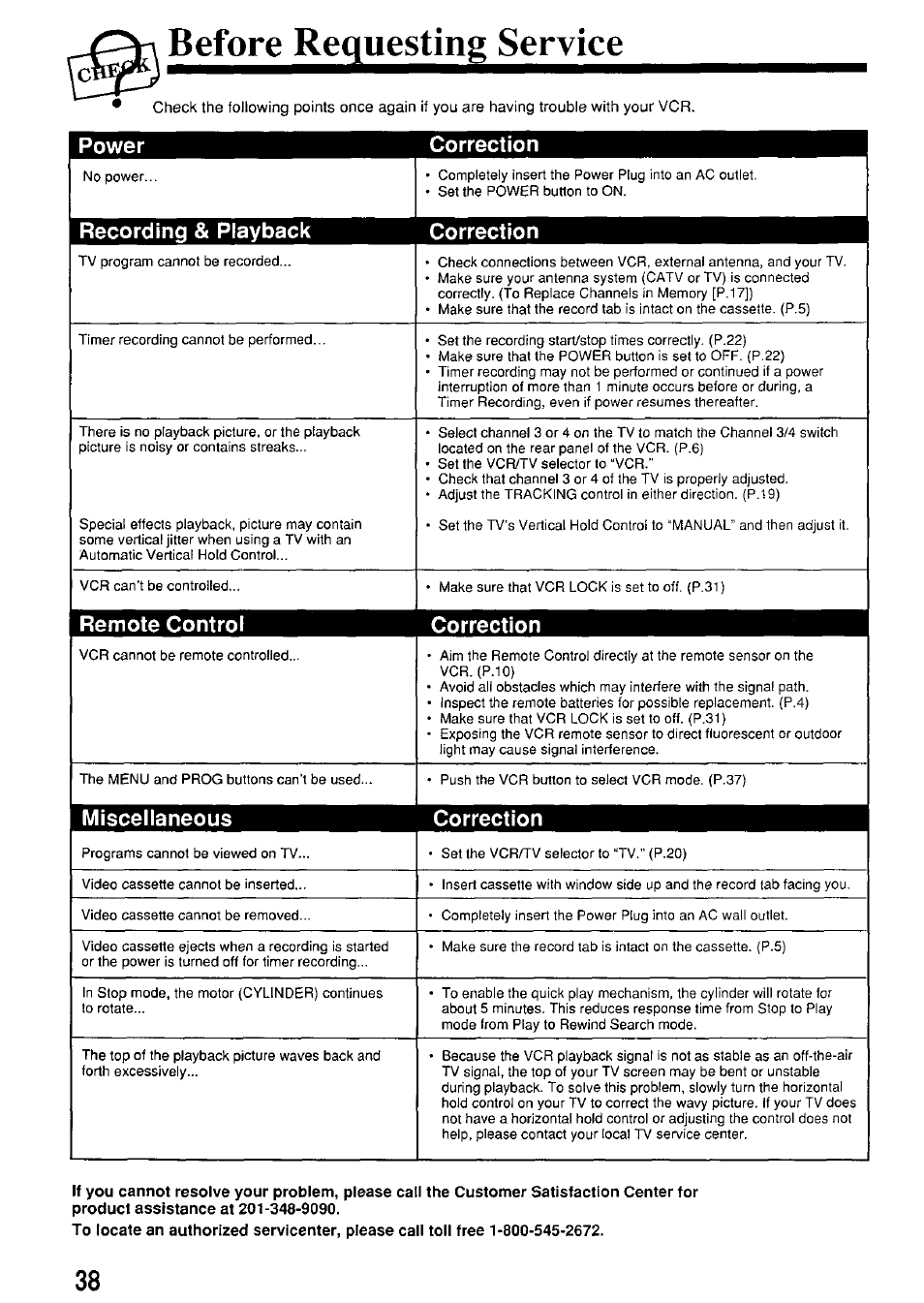 Before requesting service, Power correction, Recording | Playback correction, Remote control correction, Miscellaneous correction | Panasonic PV-7664 User Manual | Page 38 / 44