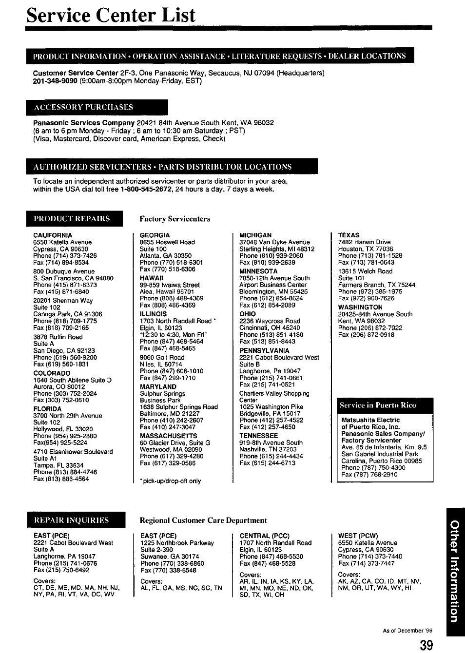 Service center list, Accessory purchases, Product repairs | Service in puerto rico, Repair inquiries | Panasonic PV-7664 User Manual | Page 39 / 44