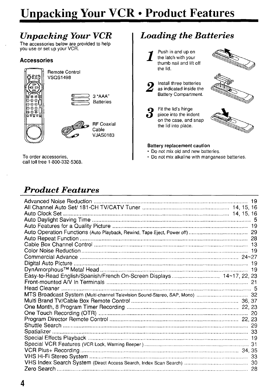 Unpackin^youi^c^^^prod, Accessories, Unpacking your vcr | Loading the batteries, Product features | Panasonic PV-7664 User Manual | Page 4 / 44