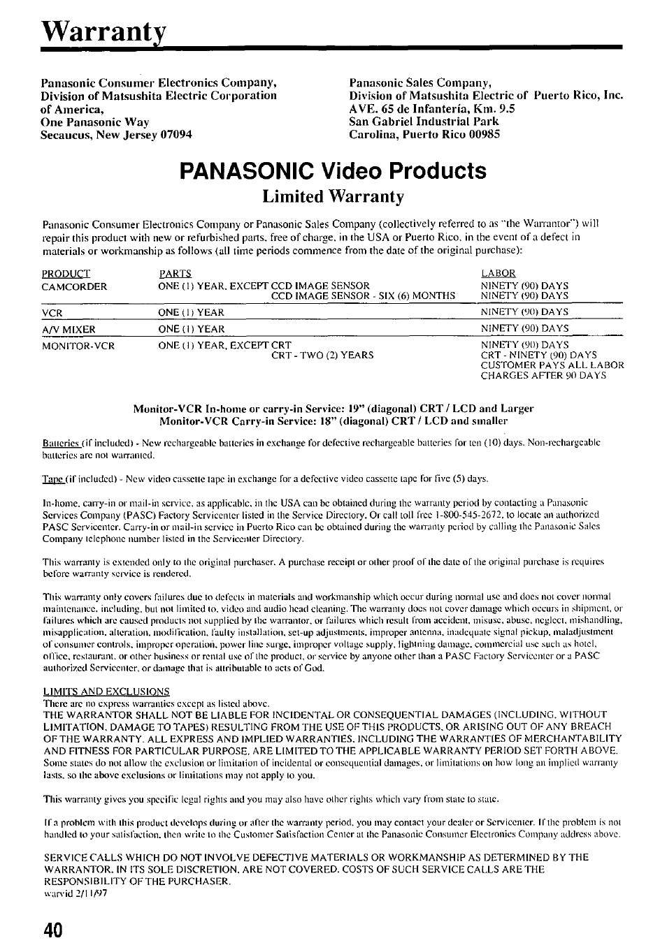 Warranty, Limited warranty, Panasonic video products | Panasonic PV-7664 User Manual | Page 40 / 44