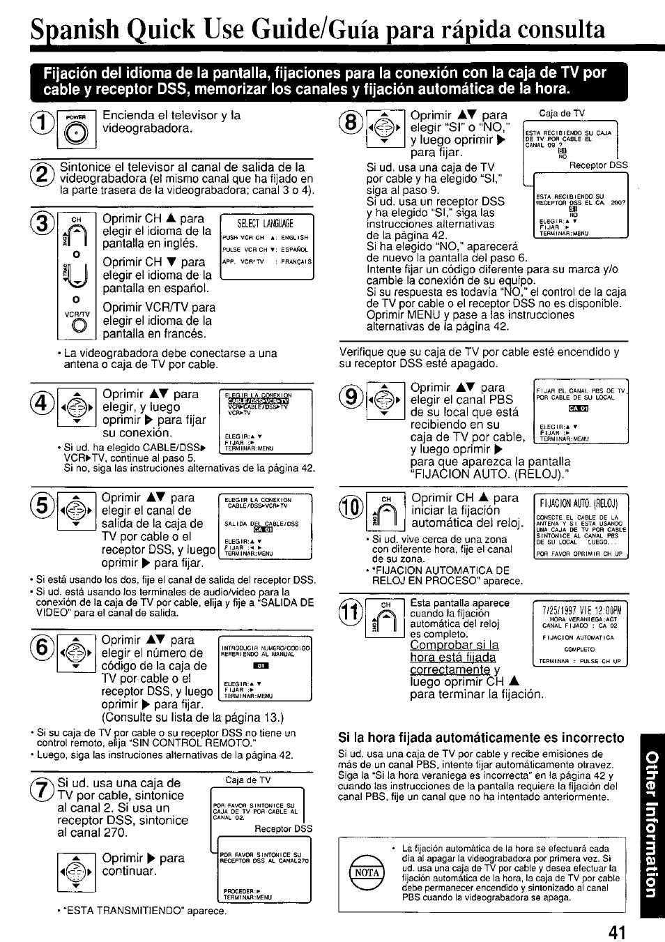 Spanishquicj^us^guideto, Si la hora fijada automáticamente es incorrecto | Panasonic PV-7664 User Manual | Page 41 / 44