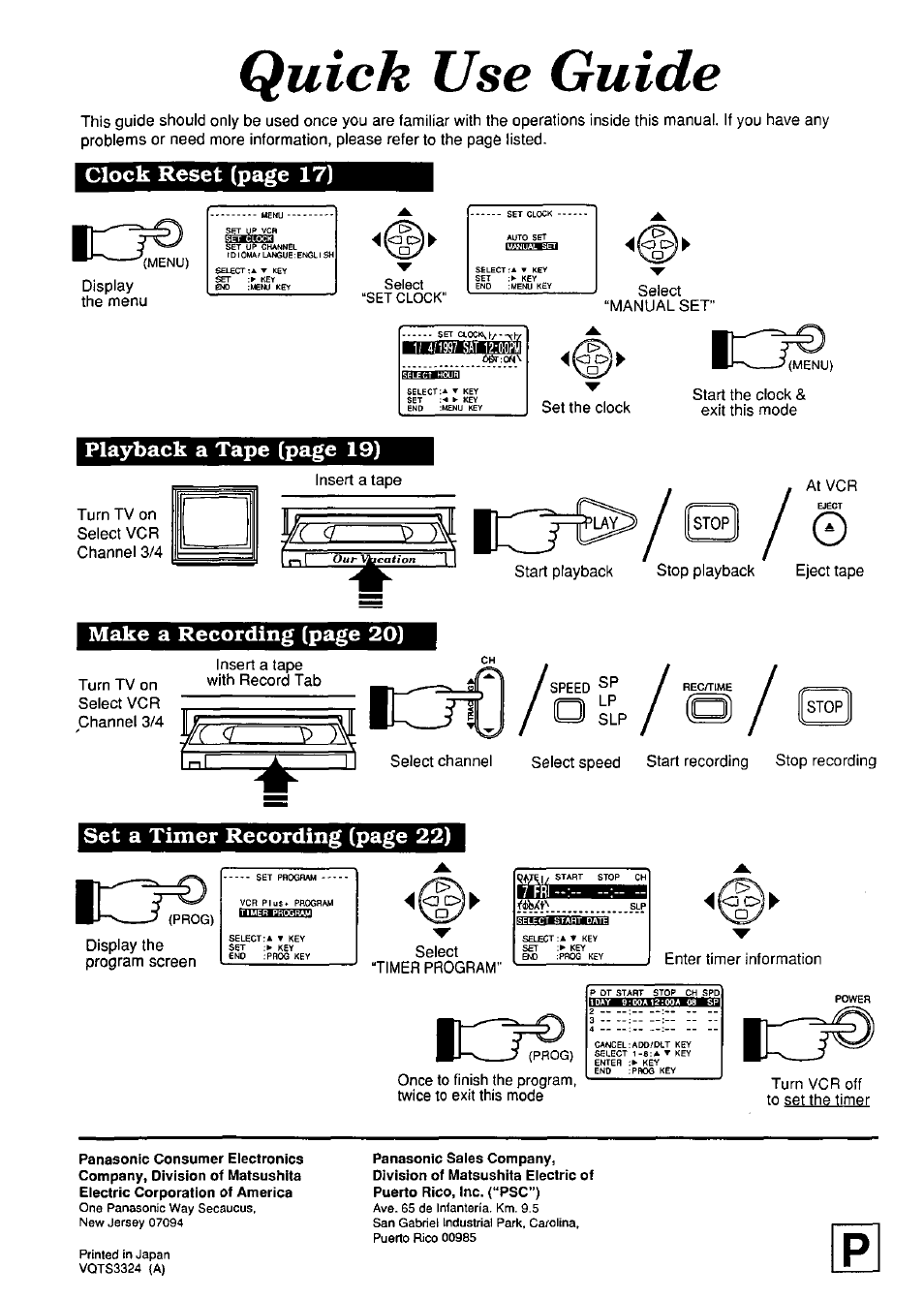 Quick use guide, Clock reset (page 17), Playback a tape (page 19) | Make a recording (page 20), Set a timer recording (page 22) | Panasonic PV-7664 User Manual | Page 44 / 44