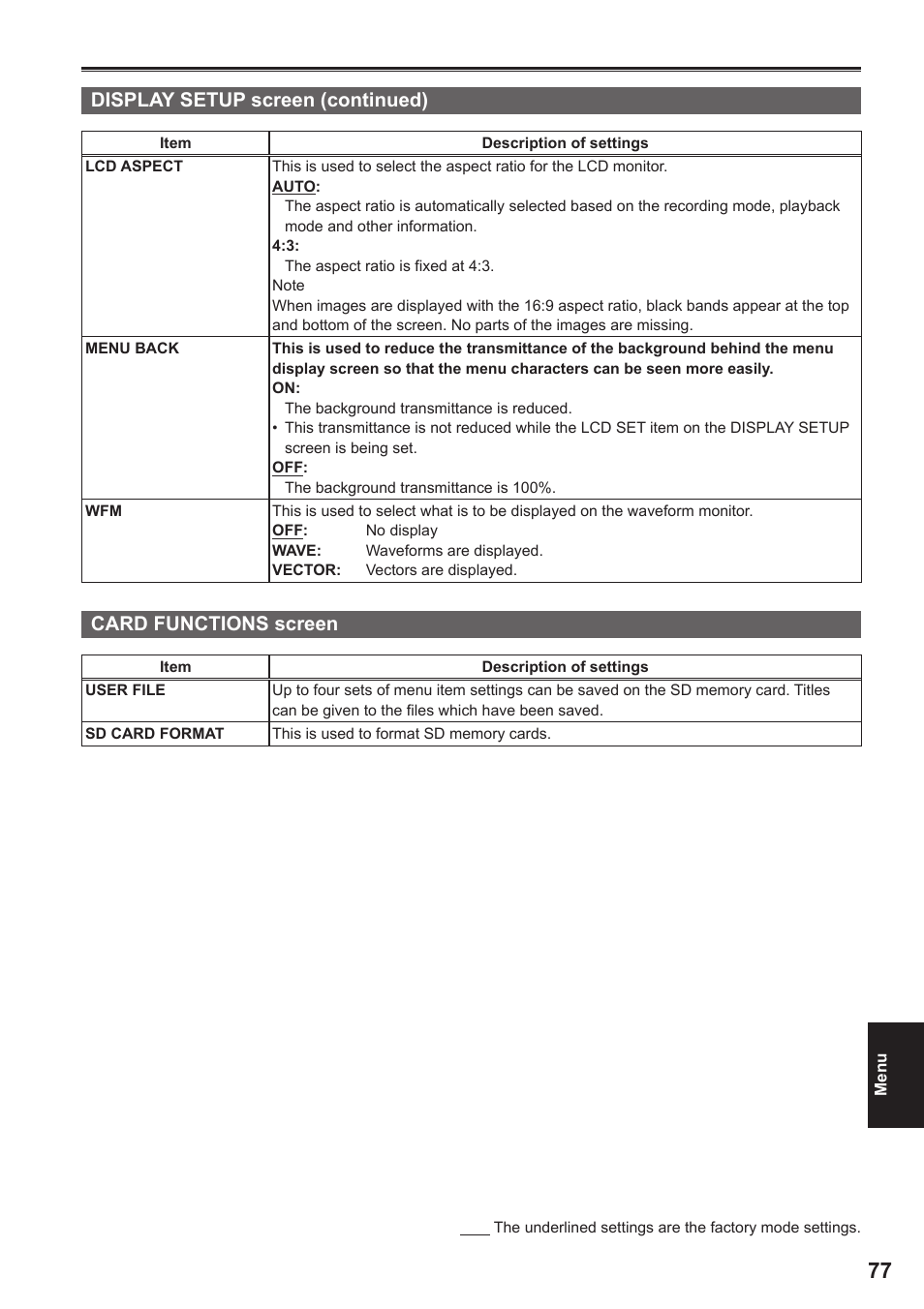 Display setup screen (continued), Card functions screen | Panasonic P2HD AG-HPG20 User Manual | Page 9 / 12