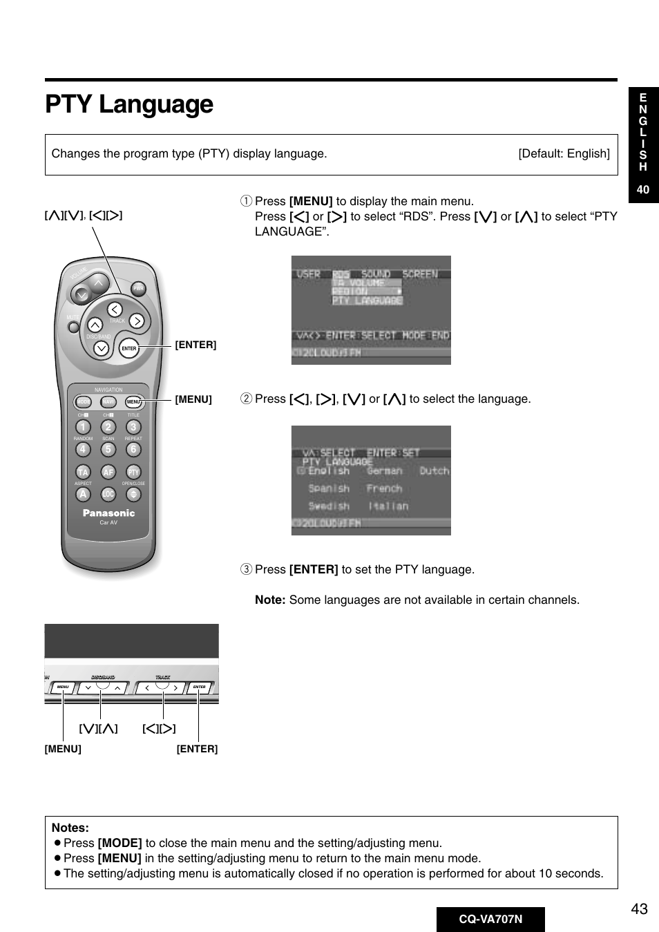 Pty language, Menu] [enter | Panasonic CQ-VA707N User Manual | Page 42 / 67