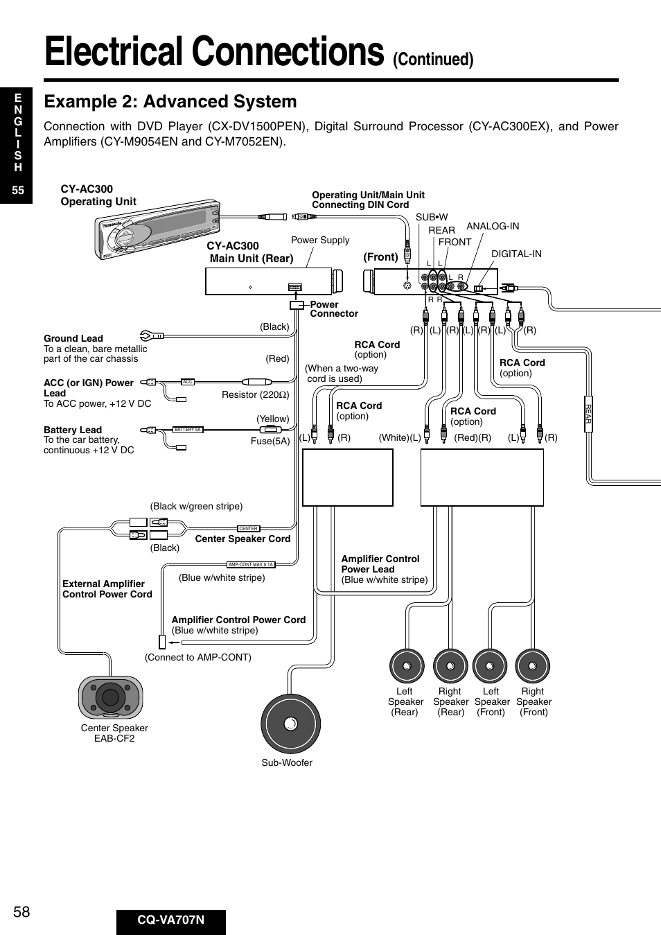 Electrical connections, Continued) example 2: advanced system, Cq-va707n | Panasonic CQ-VA707N User Manual | Page 57 / 67