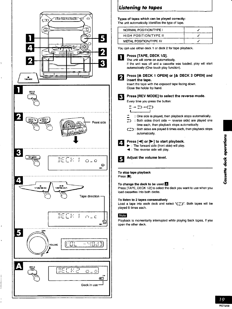 Press [rev mode] to select the reverse mode, Press [^] or [^] to start playback, Adjust the volume level | Panasonic SC-AK18 EN User Manual | Page 19 / 32