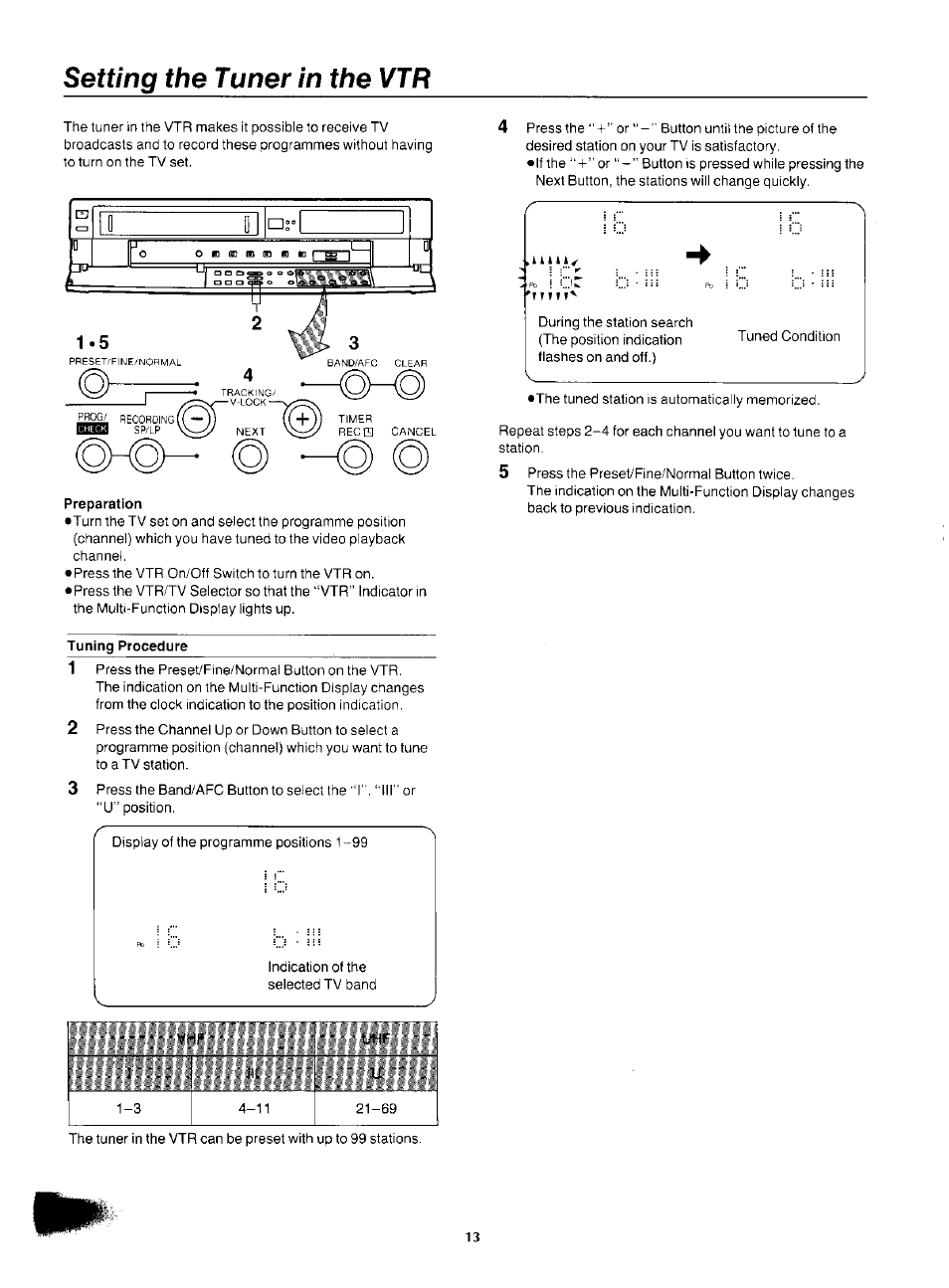 Setting the tuner in the vtr | Panasonic NV-F55EA User Manual | Page 13 / 47
