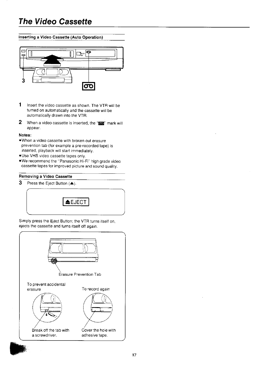 The video cassette | Panasonic NV-F55EA User Manual | Page 17 / 47