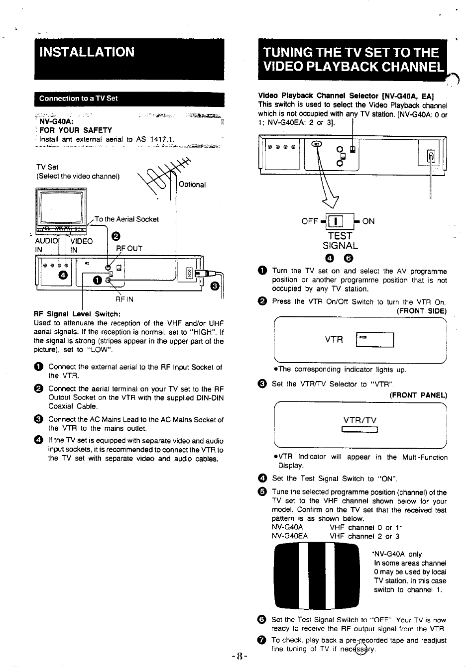 Nv-g40a, For your safety, Tuning the tv set to the video playback channel | Test, Front side), Front panel), Installation | Panasonic NVG40 User Manual | Page 8 / 26
