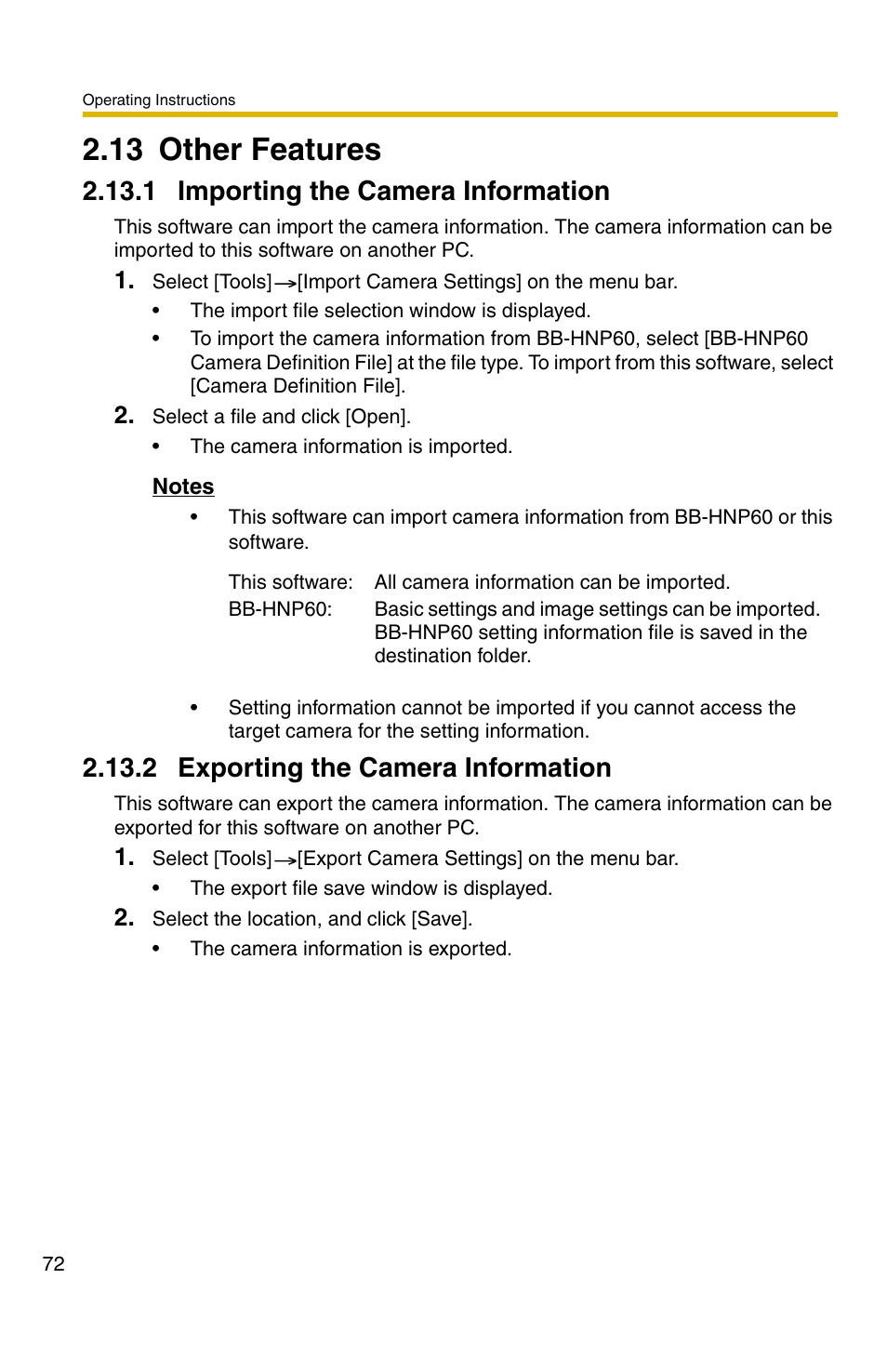 13 other features, 1 importing the camera information, 2 exporting the camera information | Ge 72) | Panasonic BB-HNP11CE User Manual | Page 72 / 101