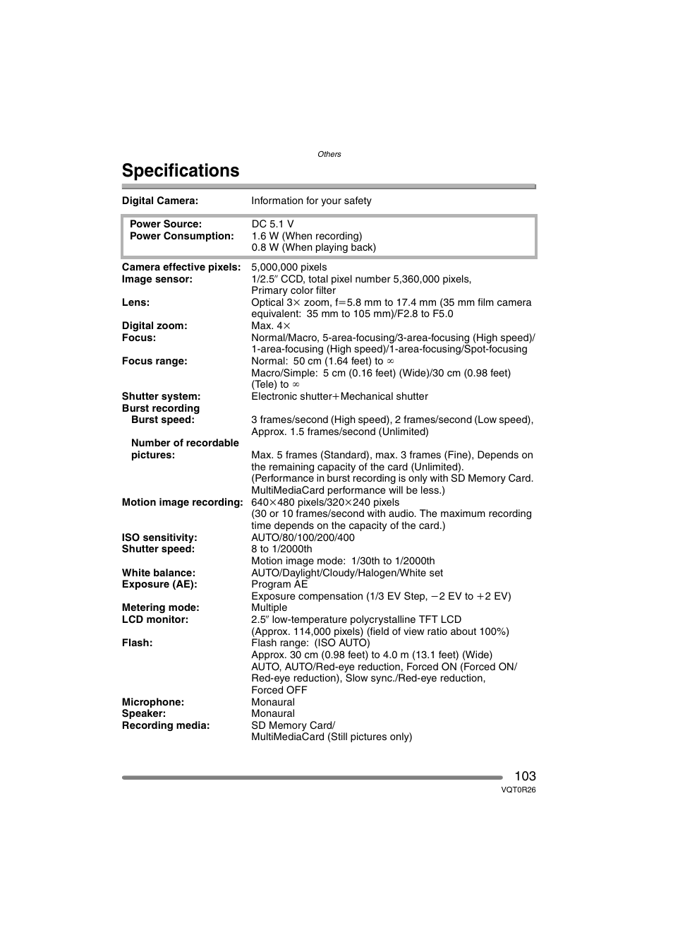 Specifications | Panasonic DMC-FX8PP User Manual | Page 103 / 116