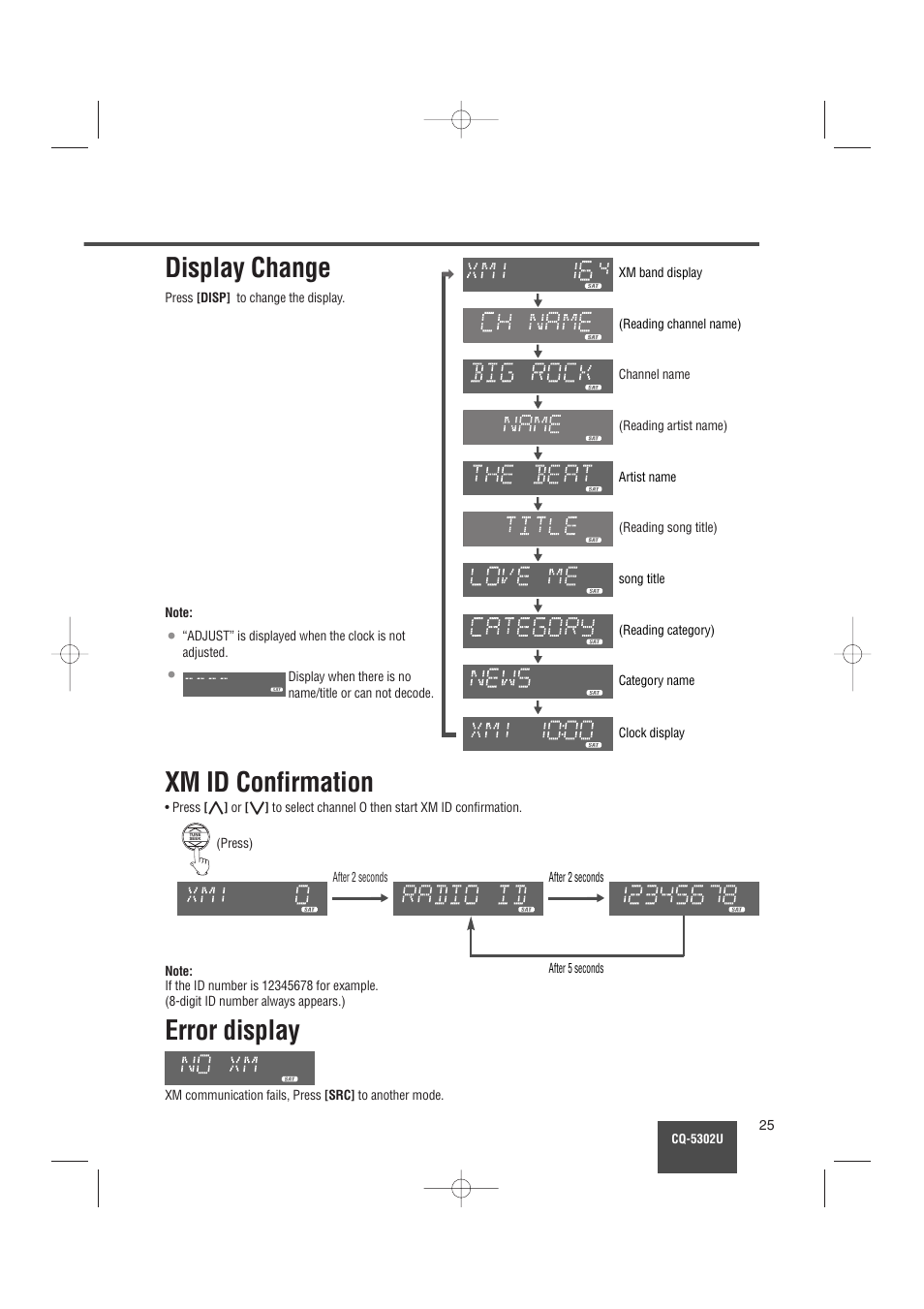 Display change, Xm id confirmation, Error display | Panasonic CQ-5302U User Manual | Page 25 / 52