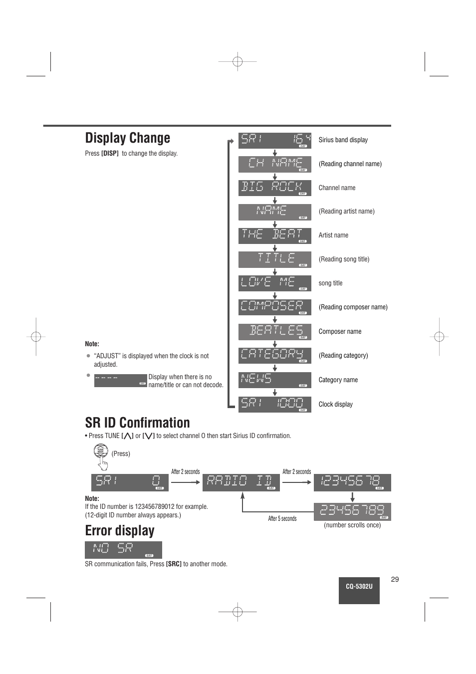 Display change, Error display, Sr id confirmation | Panasonic CQ-5302U User Manual | Page 29 / 52