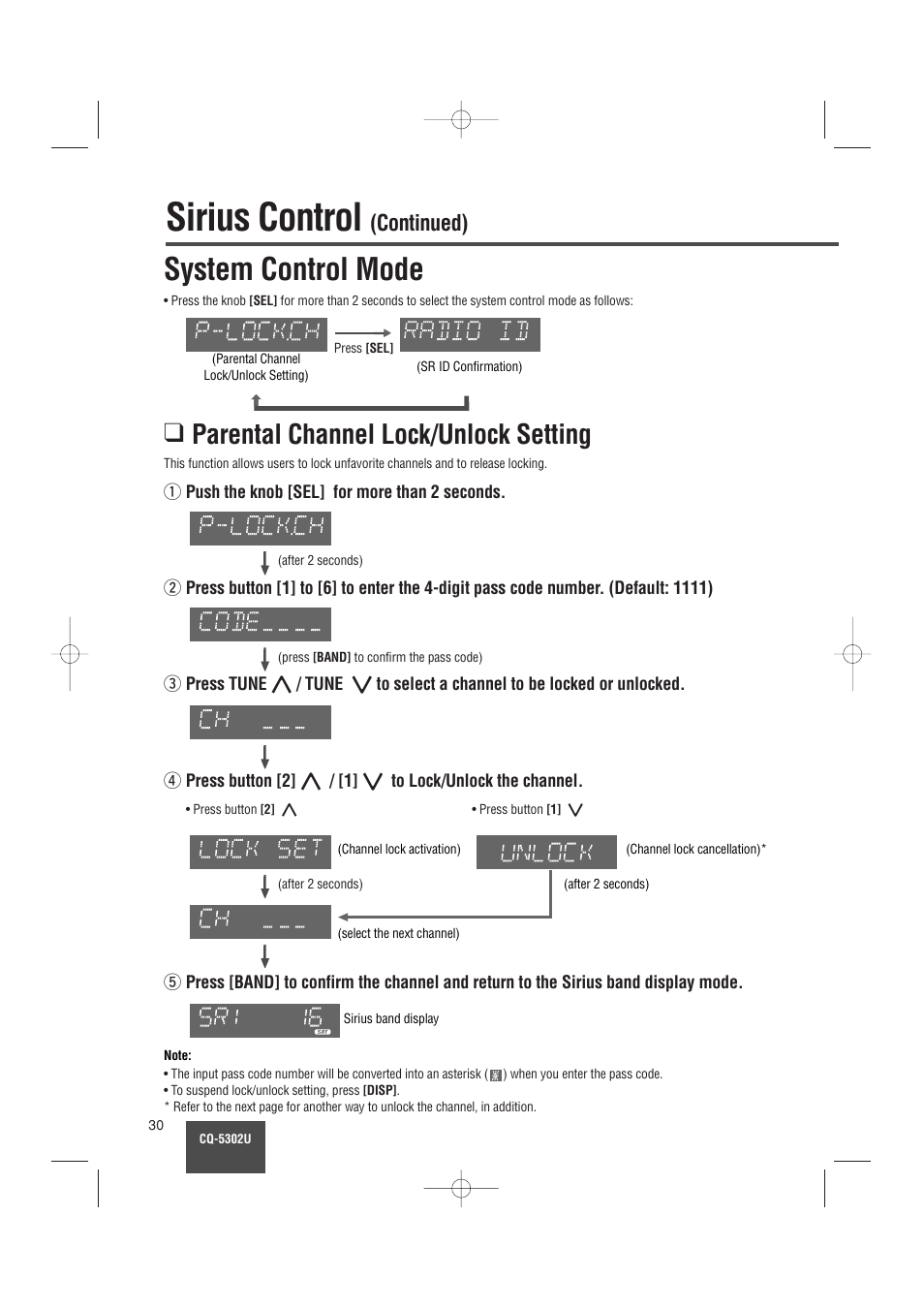 Sirius control, System control mode, Parental channel lock/unlock setting | Continued) | Panasonic CQ-5302U User Manual | Page 30 / 52