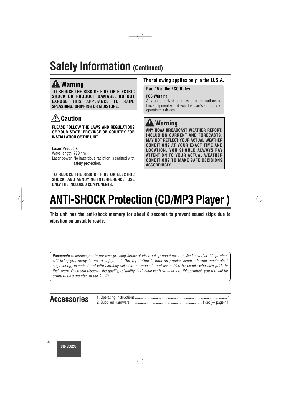 Anti-shock protection (cd/mp3 player), Accessories, Safety information | Anti-shock protection (cd/mp3 player ), Continued), Warning, Caution | Panasonic CQ-5302U User Manual | Page 4 / 52