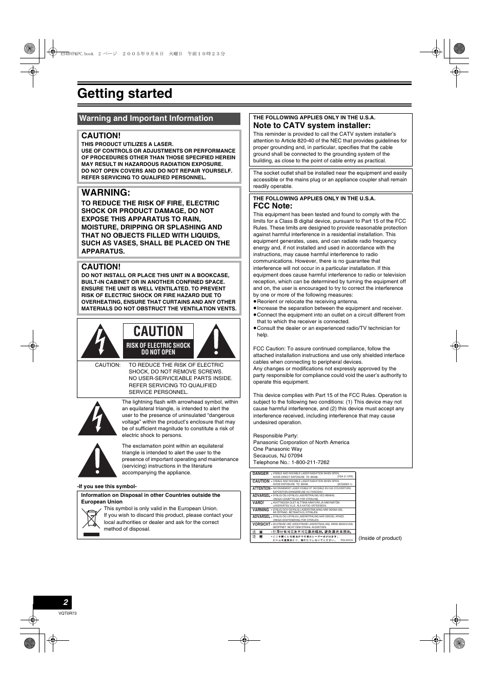 Getting started, Warning and important information, Warning | Warning and important information caution, Caution | Panasonic DMR-ES40V User Manual | Page 2 / 80