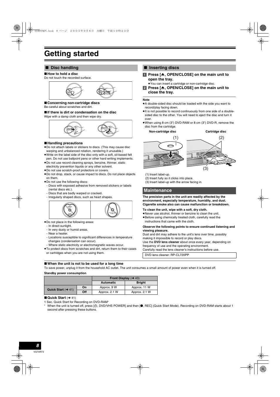 Maintenance, Disc handling ≥inserting discs, Getting started | Panasonic DMR-ES40V User Manual | Page 8 / 80