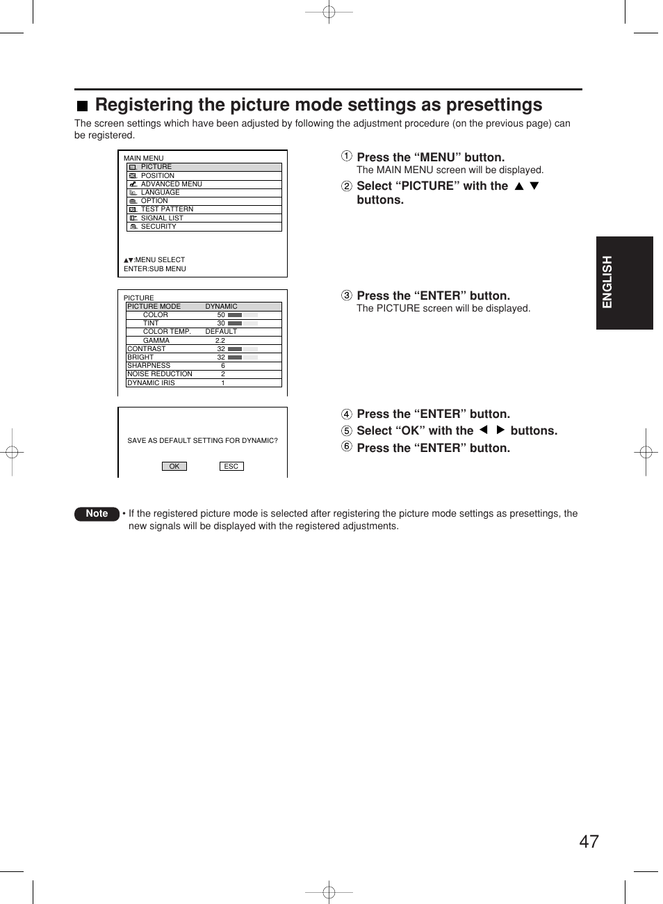 English, Press the “menu” button | Panasonic PT-DW7000E User Manual | Page 47 / 106