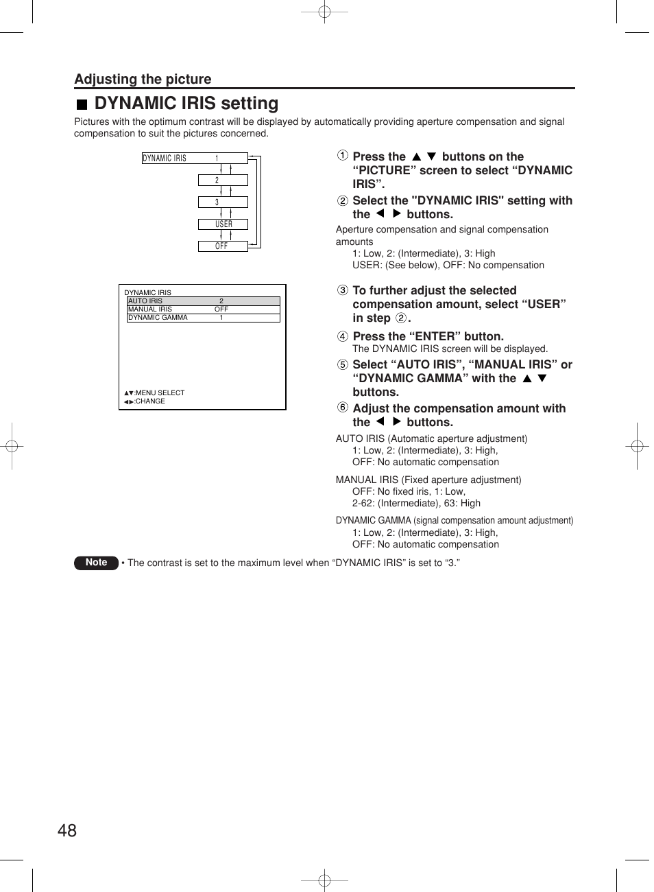 Dynamic iris setting, Adjusting the picture | Panasonic PT-DW7000E User Manual | Page 48 / 106