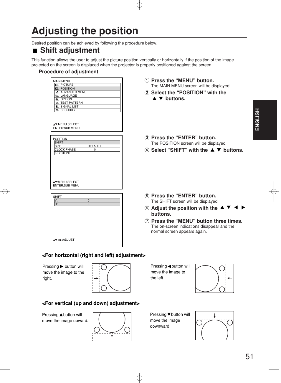 Adjusting the position, Shift adjustment | Panasonic PT-DW7000E User Manual | Page 51 / 106