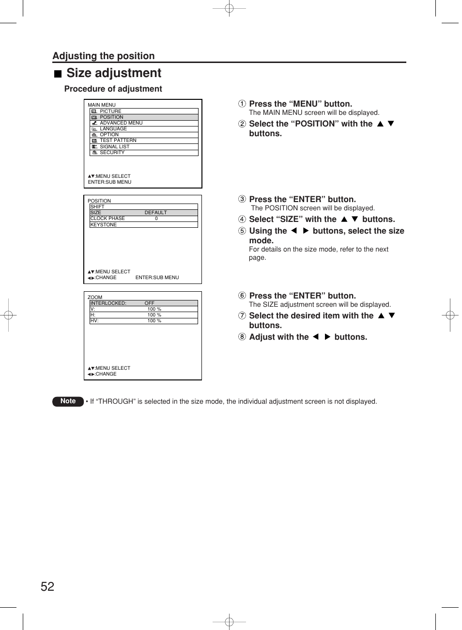 Size adjustment, Adjusting the position | Panasonic PT-DW7000E User Manual | Page 52 / 106