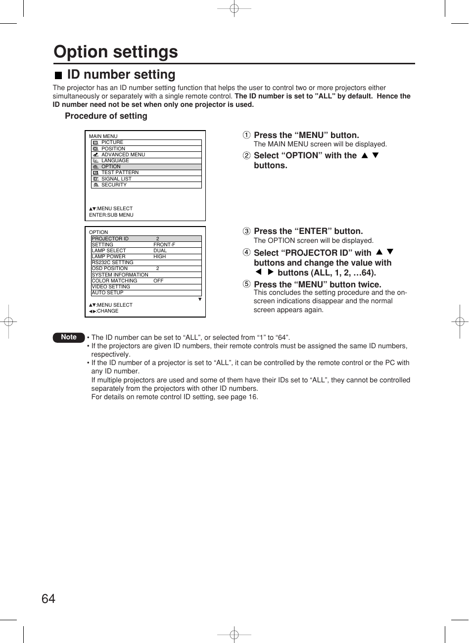 Option settings, Id number setting | Panasonic PT-DW7000E User Manual | Page 64 / 106