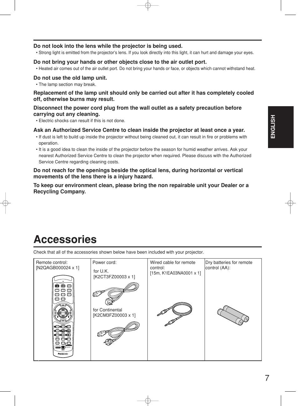 Accessories, English, Do not use the old lamp unit | Electric shocks can result if this is not done | Panasonic PT-DW7000E User Manual | Page 7 / 106