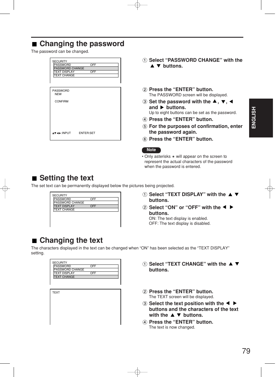 Changing the password, Setting the text, Changing the text | Panasonic PT-DW7000E User Manual | Page 79 / 106