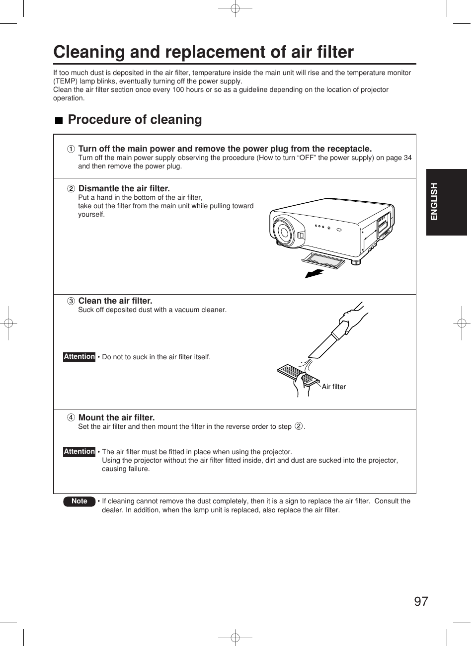 Cleaning and replacement of air filter, Procedure of cleaning | Panasonic PT-DW7000E User Manual | Page 97 / 106