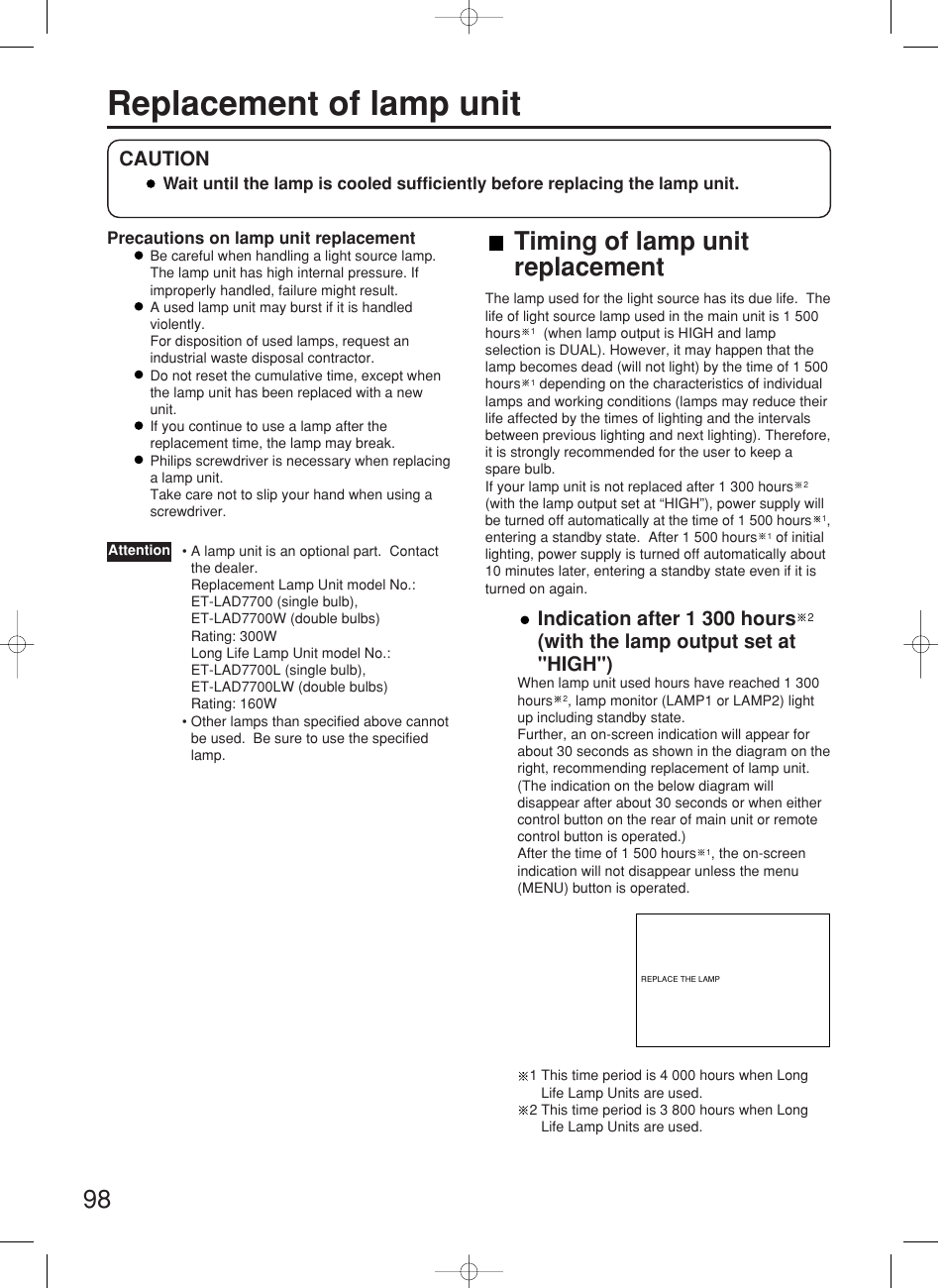 Replacement of lamp unit, Timing of lamp unit replacement, Indication after 1 300 hours | With the lamp output set at "high"), Caution | Panasonic PT-DW7000E User Manual | Page 98 / 106