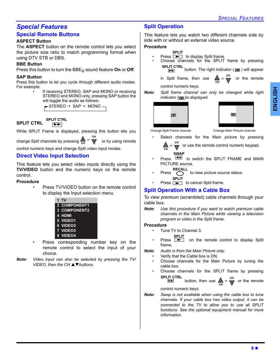 Special features, Special remote buttons, Split operation | Split operation with a cable box, English, Direct video input selection | Panasonic CT 36HL44 User Manual | Page 11 / 96