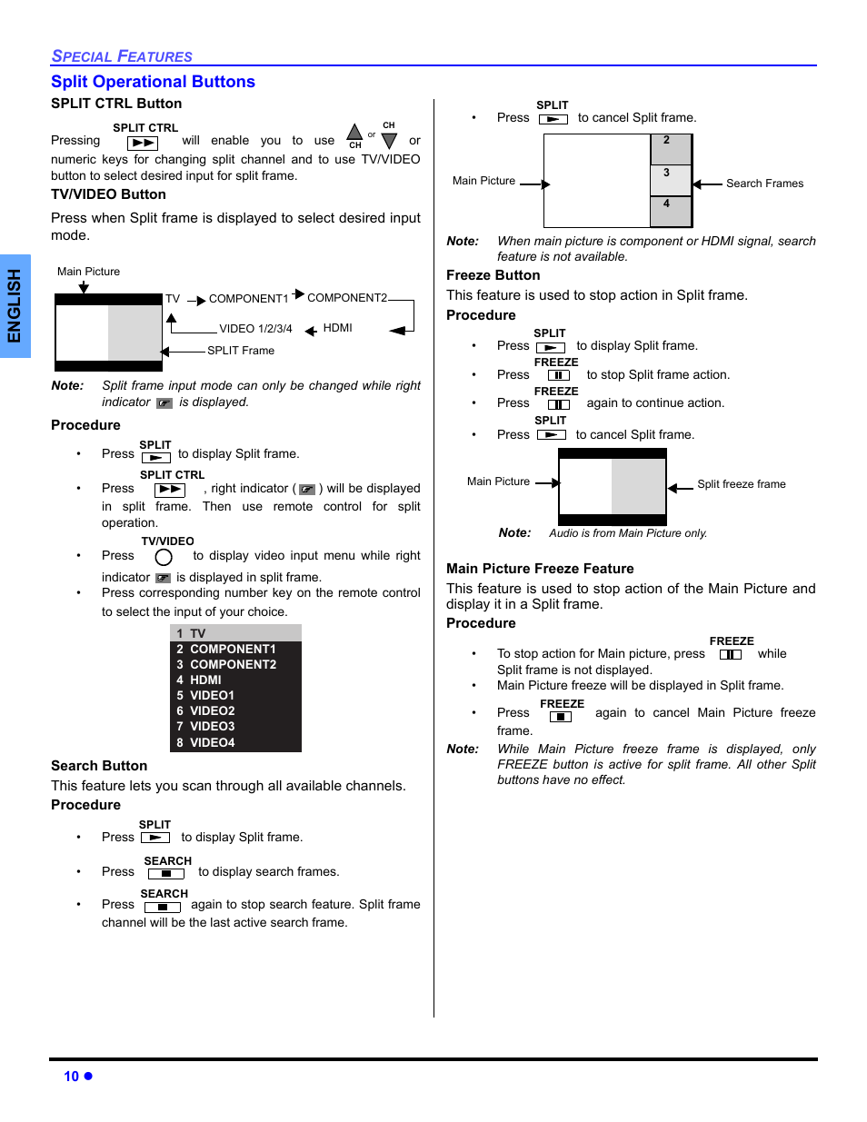 Split operational buttons, Split ctrl button, Tv / video button | Search button, Freeze button, Main picture freeze feature, English split operational buttons | Panasonic CT 36HL44 User Manual | Page 12 / 96