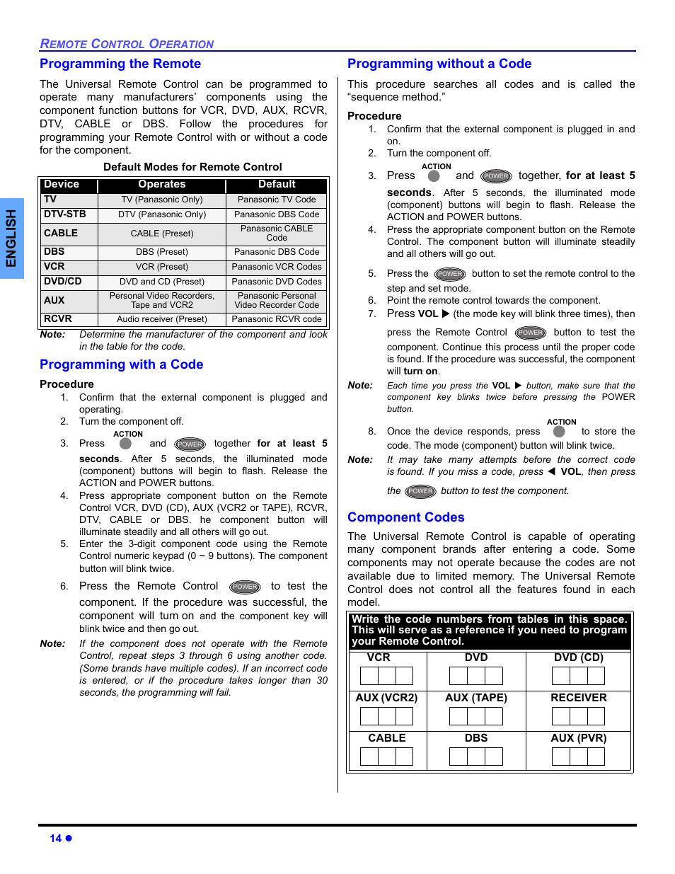 Programming the remote, Programming without a code, Component codes | English programming the remote, Programming with a code | Panasonic CT 36HL44 User Manual | Page 16 / 96