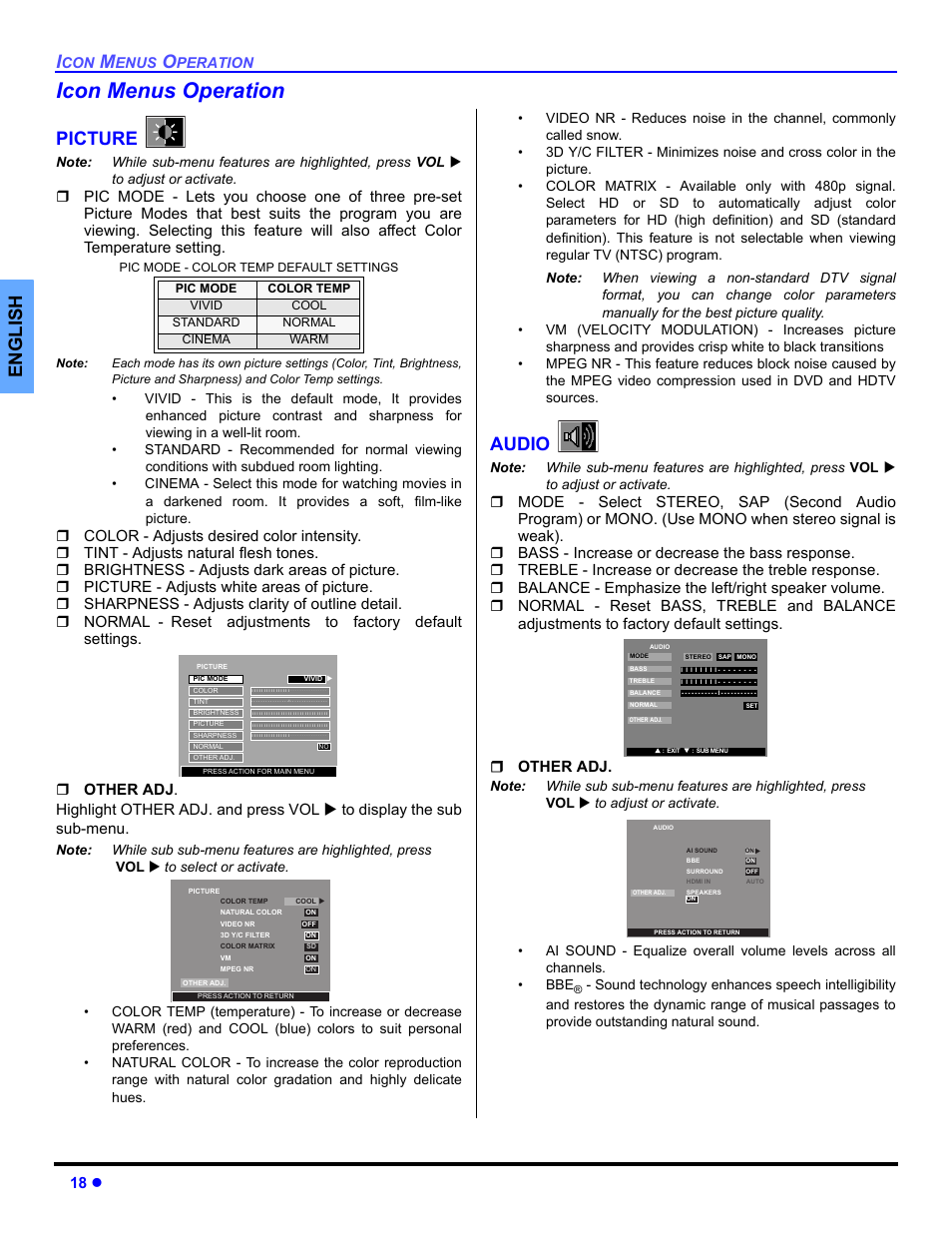 Icon menus operation, Picture, Audio | English, 18 z | Panasonic CT 36HL44 User Manual | Page 20 / 96
