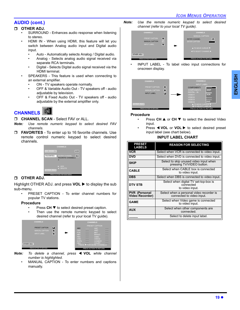 Channels, English audio (cont.), 19 z | Other adj, Channel scan - select fav or all, Procedure, Input label chart | Panasonic CT 36HL44 User Manual | Page 21 / 96