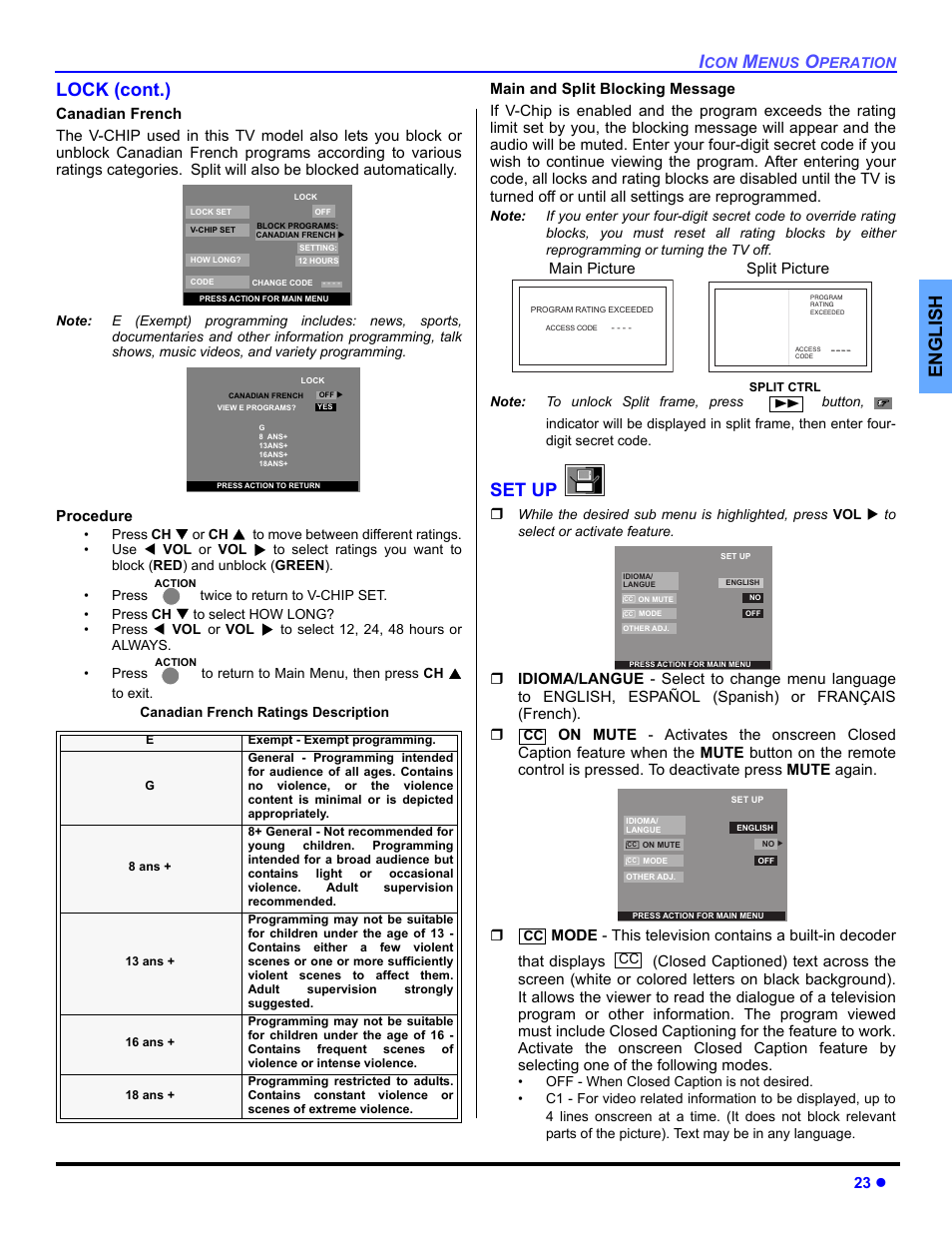 Set up, English lock (cont.) | Panasonic CT 36HL44 User Manual | Page 25 / 96