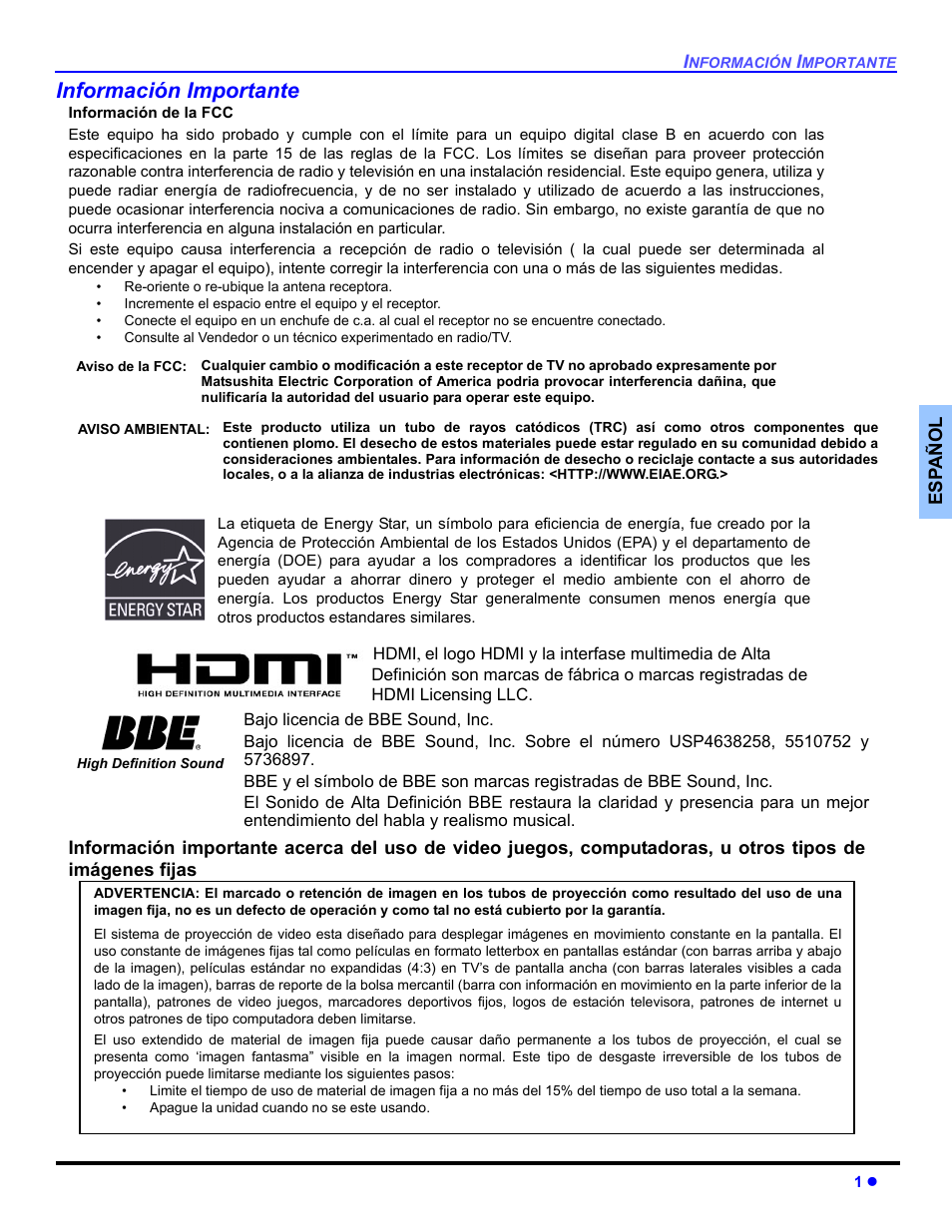 Informacion importante, Información importante | Panasonic CT 36HL44 User Manual | Page 31 / 96
