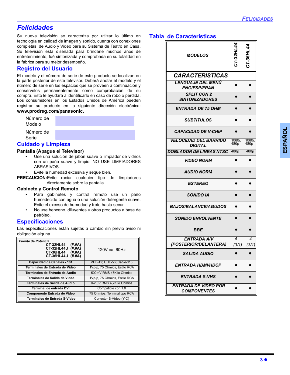 Felicidades, Registro del usuario, Cuidado y limpieza | Especificaciones, Tabla de caracteristicas | Panasonic CT 36HL44 User Manual | Page 33 / 96