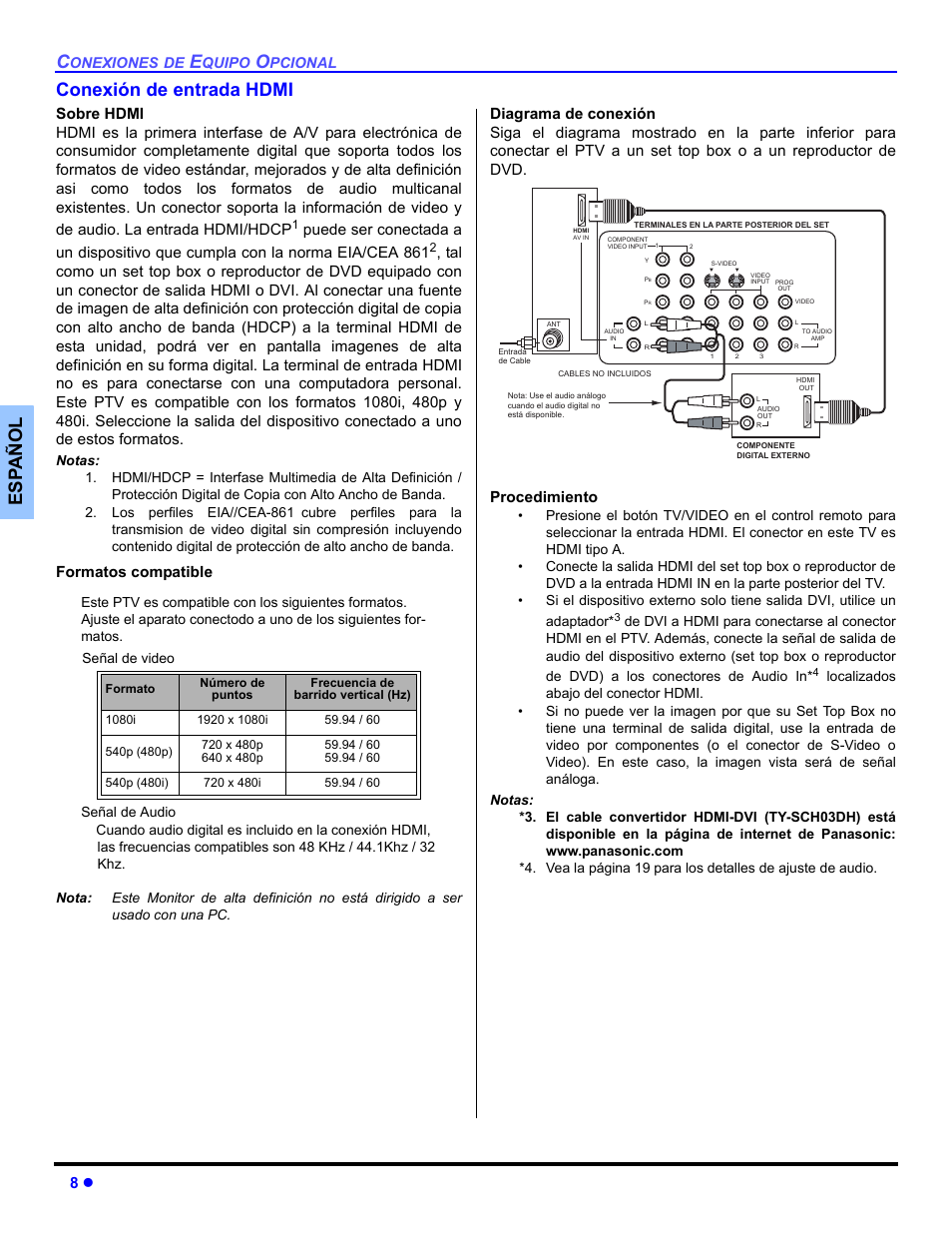 Conexion de entrada hdmi, Es p añol conexión de entrada hdmi, Formatos compatible | Panasonic CT 36HL44 User Manual | Page 38 / 96