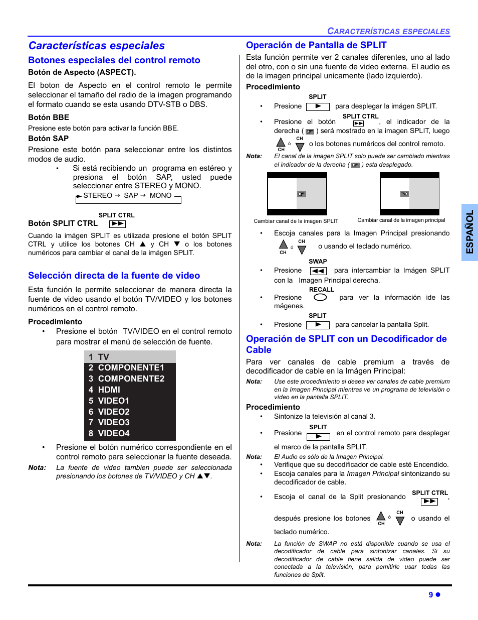 Carateristicas especiales, Botones especiales, Operacion de pantalla de split | Operacion de split con un decodificador de cable, Características especiales, Es p añol, Botones especiales del control remoto, Selección directa de la fuente de video, Operación de pantalla de split, Operación de split con un decodificador de cable | Panasonic CT 36HL44 User Manual | Page 39 / 96
