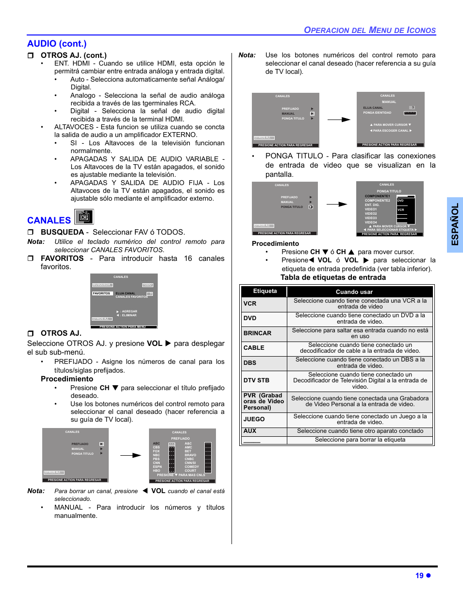 Canales, Es p añol audio (cont.), 19 z | Otros aj. (cont.), Busqueda, Seleccionar fav ó todos, Procedimiento, Ponga titulo, Tabla de etiquetas de entrada | Panasonic CT 36HL44 User Manual | Page 49 / 96