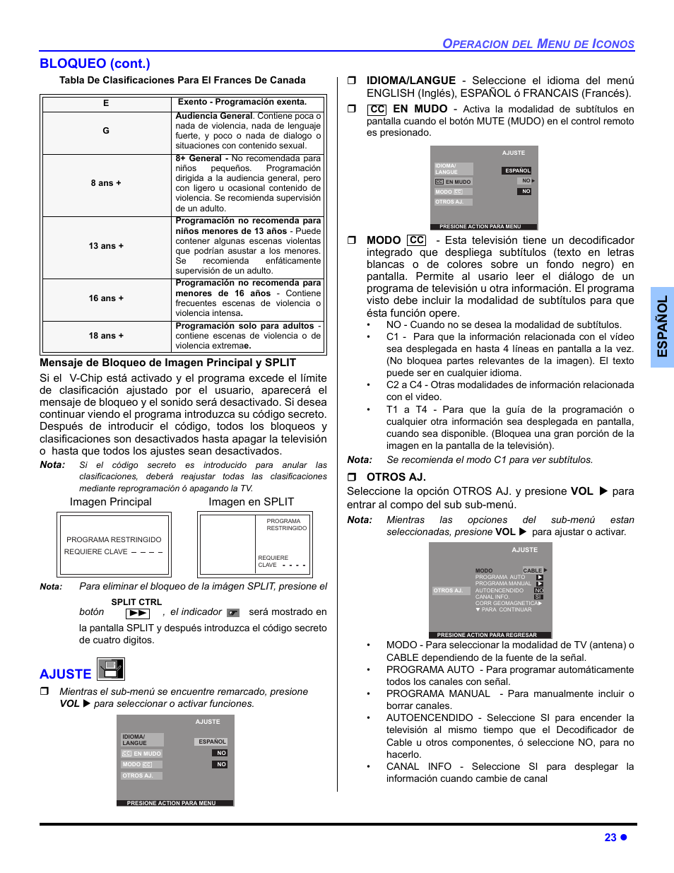 Adjuste, Es p añol bloqueo (cont.), Ajuste | Panasonic CT 36HL44 User Manual | Page 53 / 96