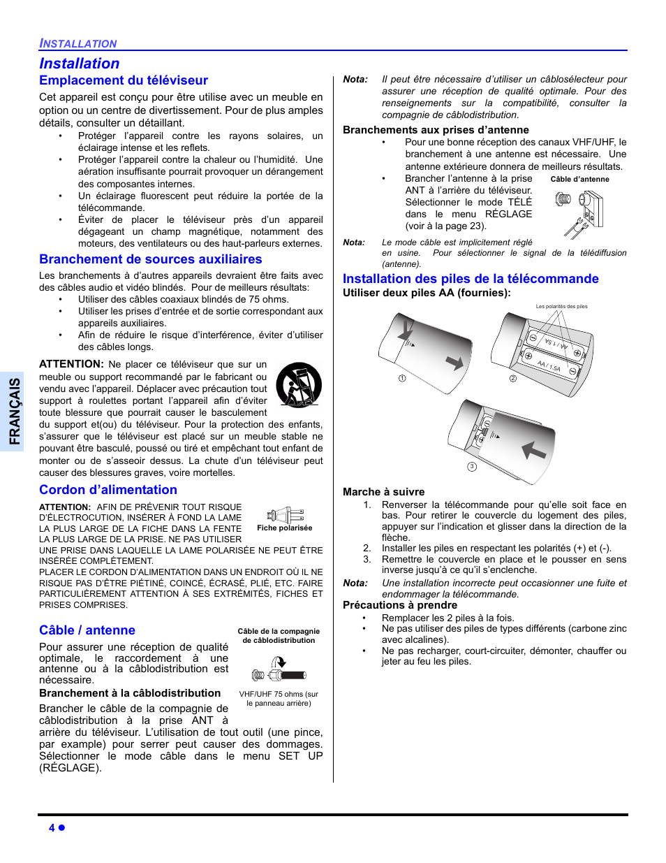 Installation, Emplacement du televiseur, Branchement de sources auxiliaires | Cordon d'alimentation, Cable / antenne, Installation des piles de la telecommande, Françai s, Emplacement du téléviseur, Cordon d’alimentation, Câble / antenne | Panasonic CT 36HL44 User Manual | Page 62 / 96