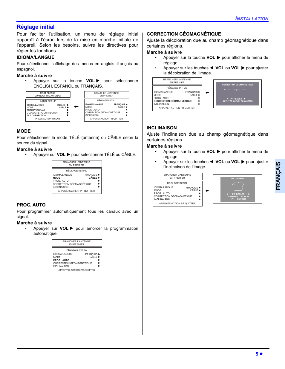 Relage initial, Françai s, Réglage initial | Marche à suivre, Mode, Prog. auto, Nstallation, Appuyer sur vol pour sélectionner télé ou câble | Panasonic CT 36HL44 User Manual | Page 63 / 96
