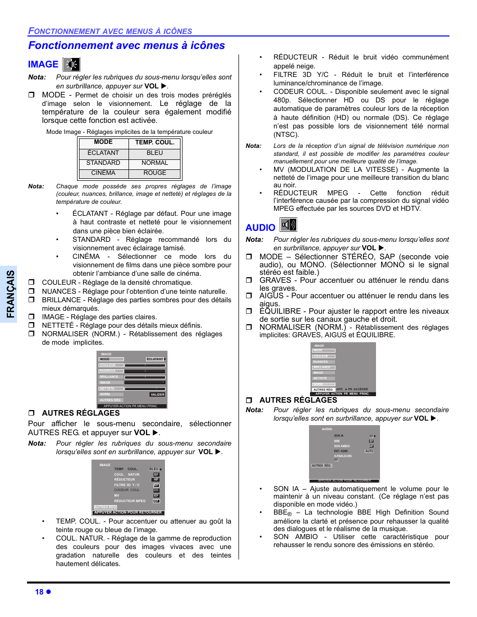 Fonctionnemant avec menu a icones, Image, Audio | Fonctionnement avec menus à icônes, Françai s, 18 z, Mode, Autres réglages | Panasonic CT 36HL44 User Manual | Page 76 / 96